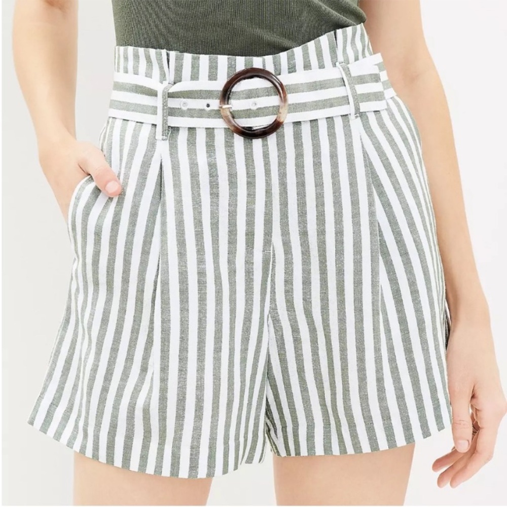LOFT Green and White High Waist Striped Belted Shorts